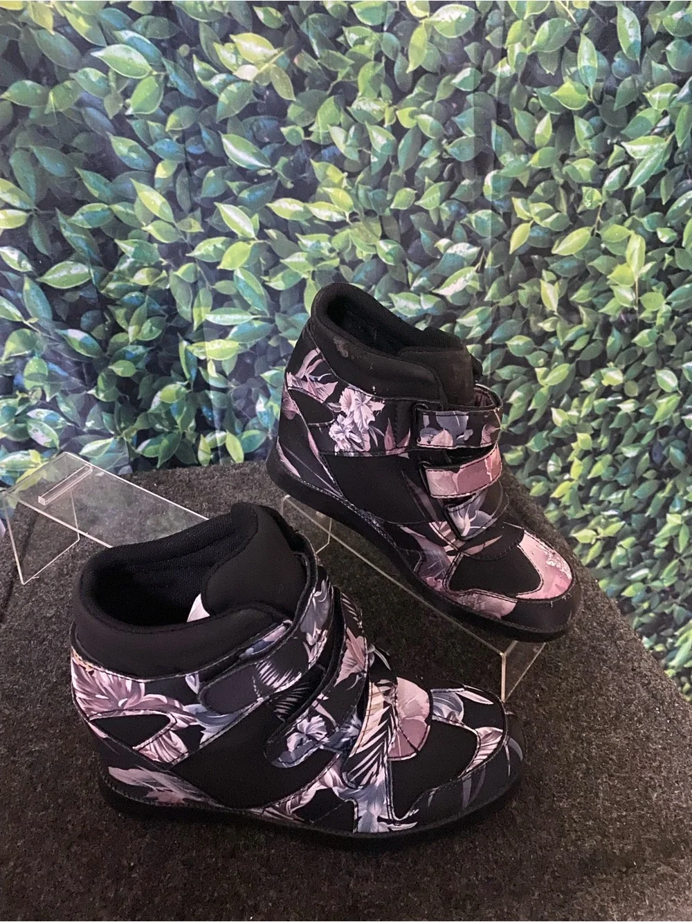 Floral High-Top Wedge Sneakers for Women - Black and Purple